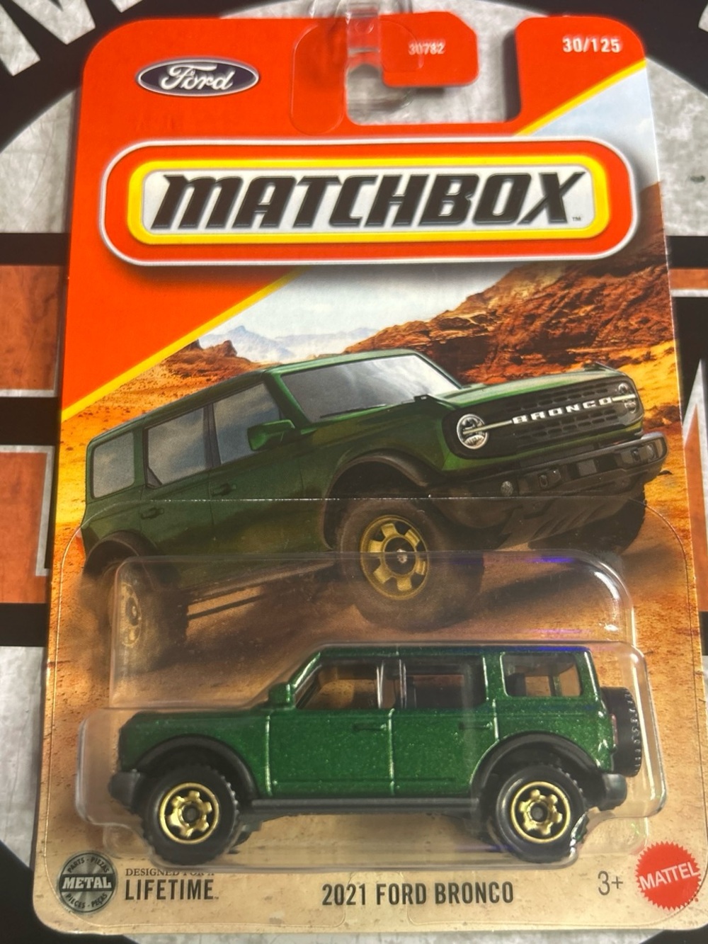 Matchbox Metallic Green 2021 Ford Bronco Toy Car with Gold Wheels